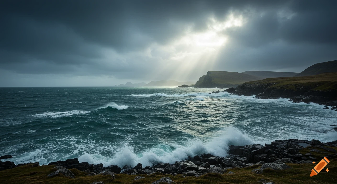 Stormy North Atlantic waters crash on a rocky Scottish shore under dramatic, dark clouds with sunbeams breaking through.