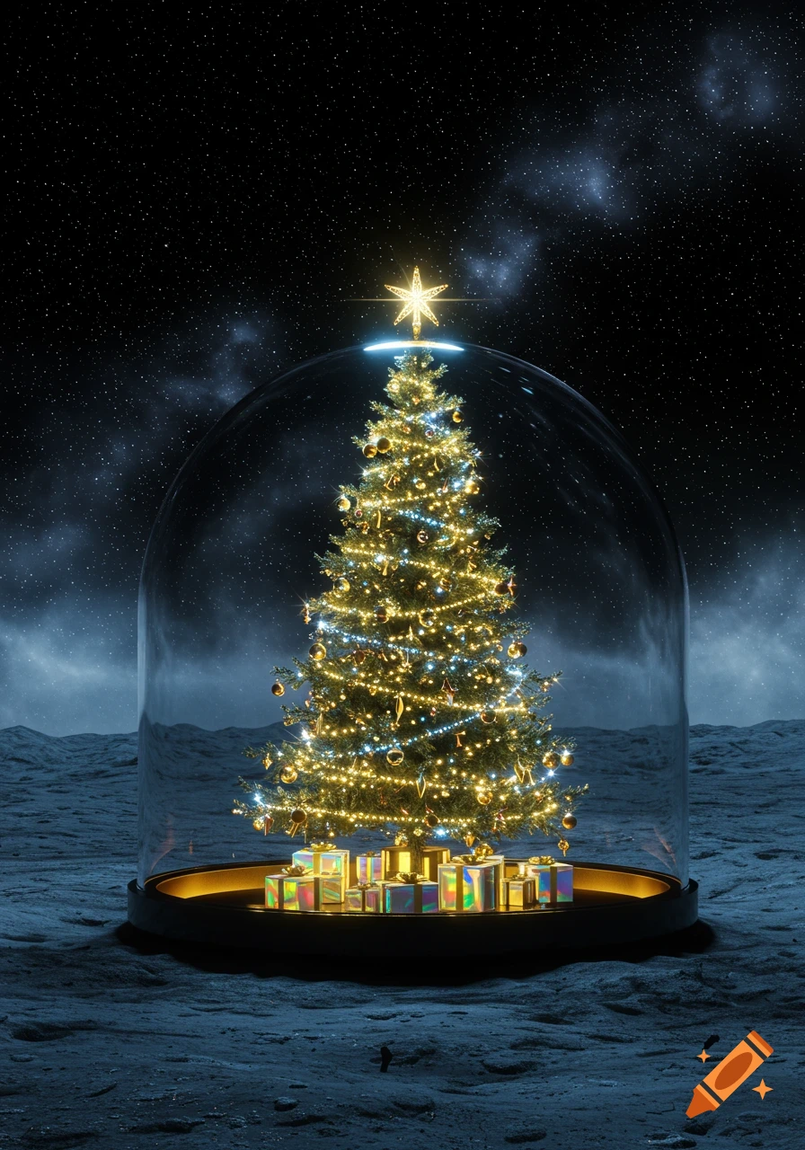 Photorealistic Christmas tree and gifts in a glass dome on a moonscape under a starry night sky.