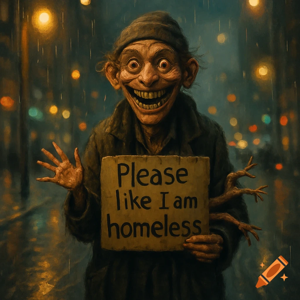 A grotesque, smiling, wide-eyed man with tree-like limbs on his right side holds a sign saying 'Please like I am homeless' on a rainy street at night.