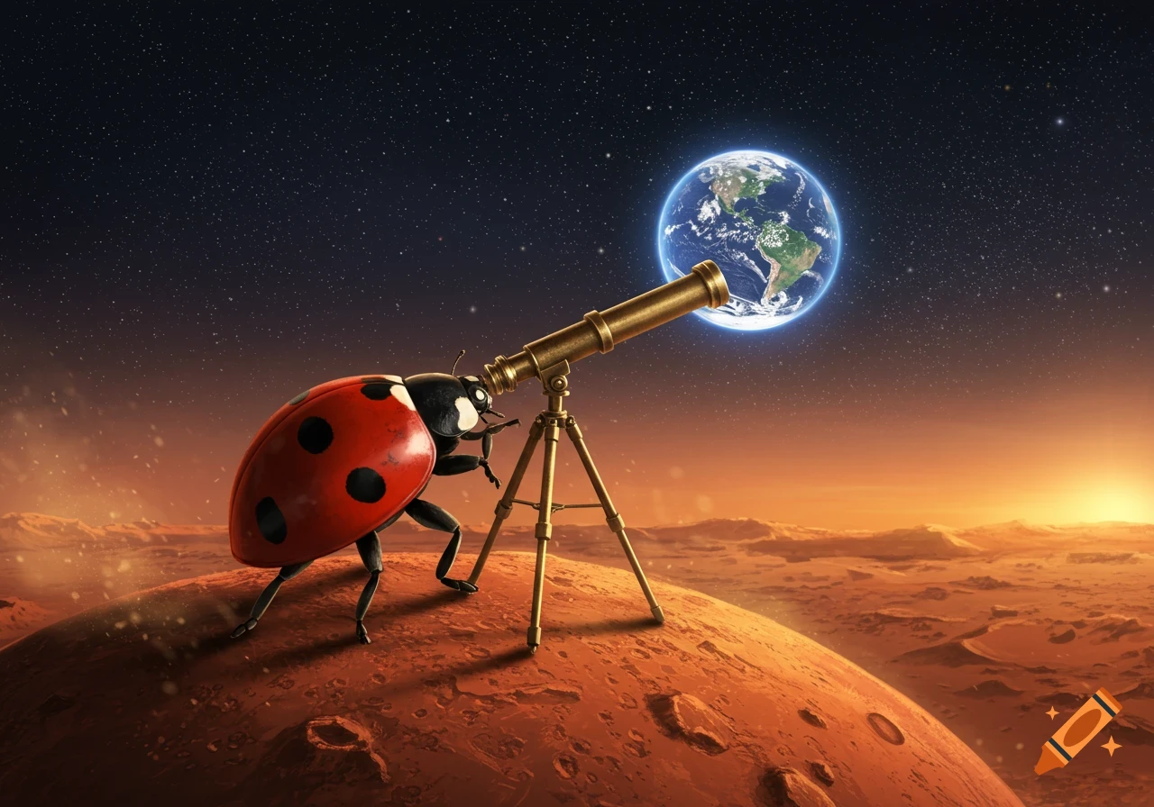 A large ladybug on the red Martian surface peers through a telescope at a glowing Earth against a starry sky.