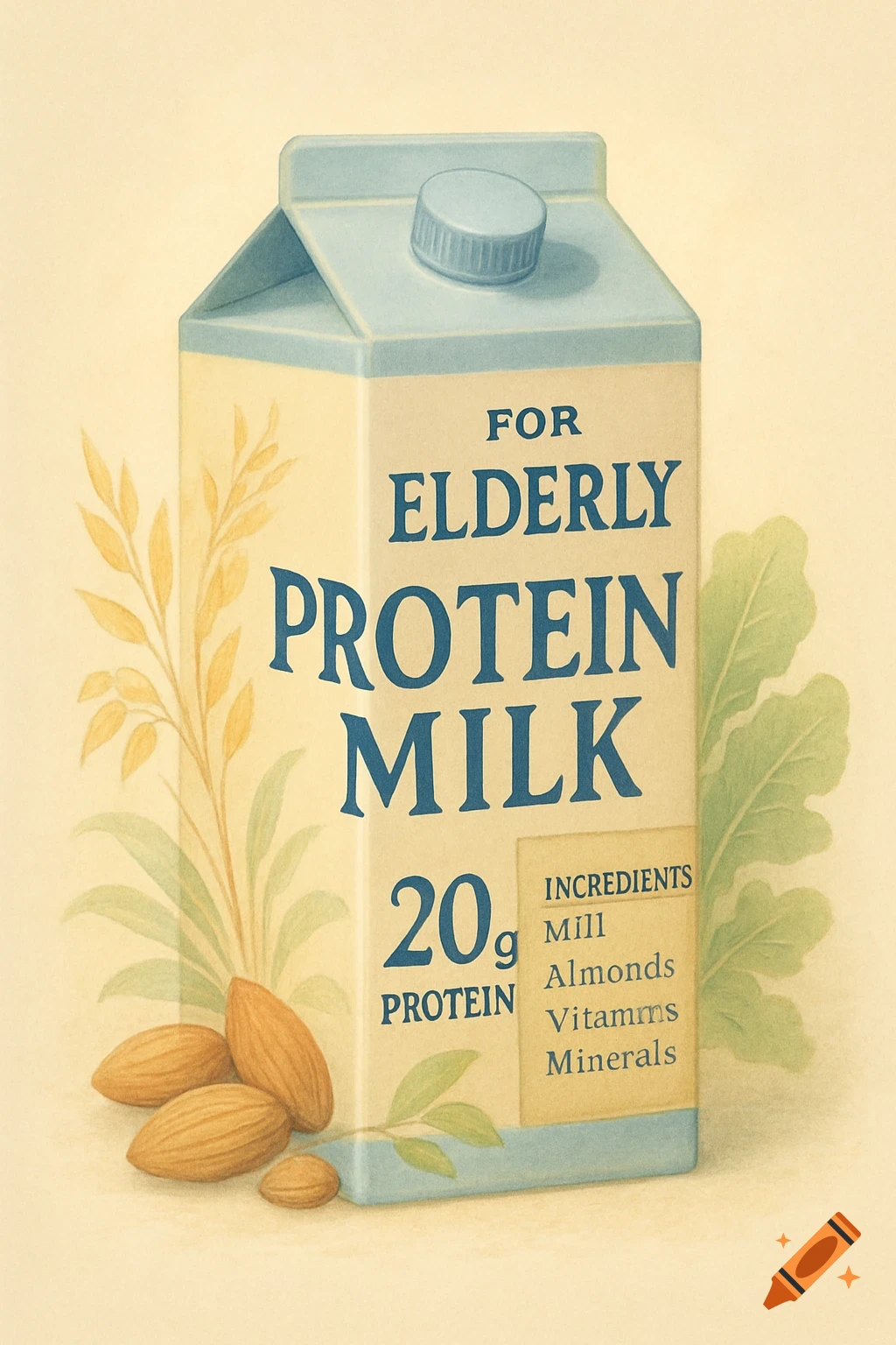 Vintage illustration of a protein milk carton for elderly people, with almonds and wheat stalks.