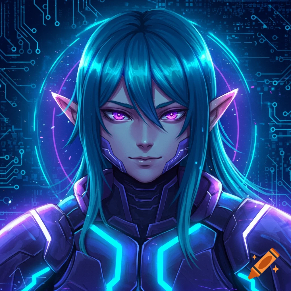 Anime portrait of an elf-like character with teal hair, glowing purple eyes, and a cybernetic suit against a circuit board background.