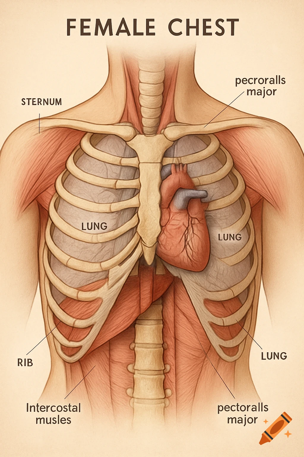 An anatomical diagram of the female chest showing the ribs, sternum, lungs, heart, and chest muscles.