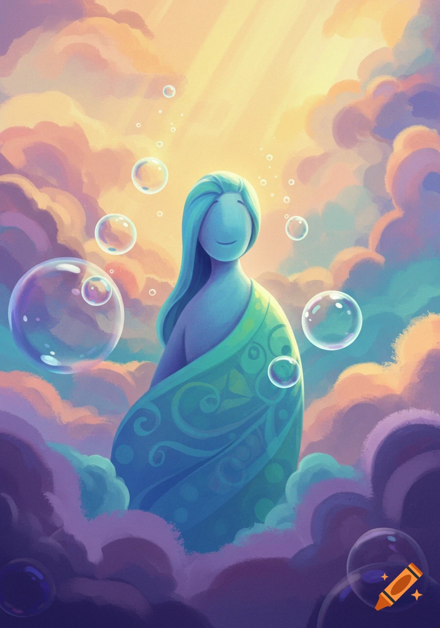 A serene, stylized blue figure with long hair, wrapped in green, floats among colorful clouds and bubbles under a bright sky.