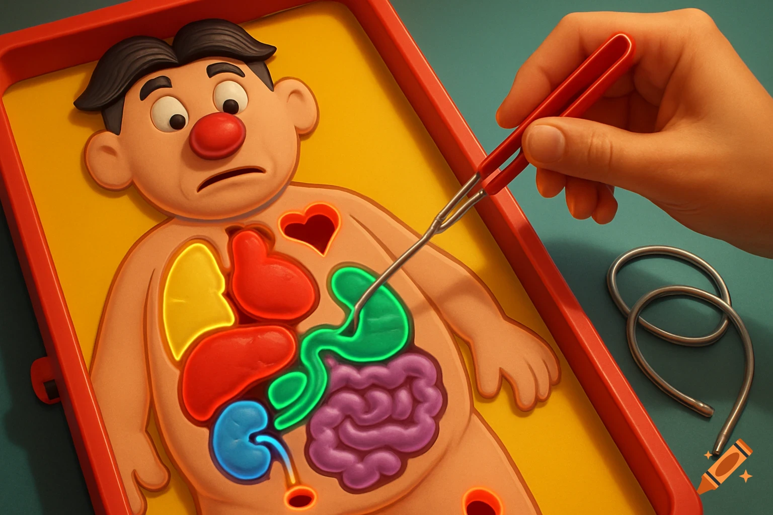 A hand holding red tweezers over a cartoon 'Operation' board game with glowing internal organs like a stomach, kidney, and intestines.