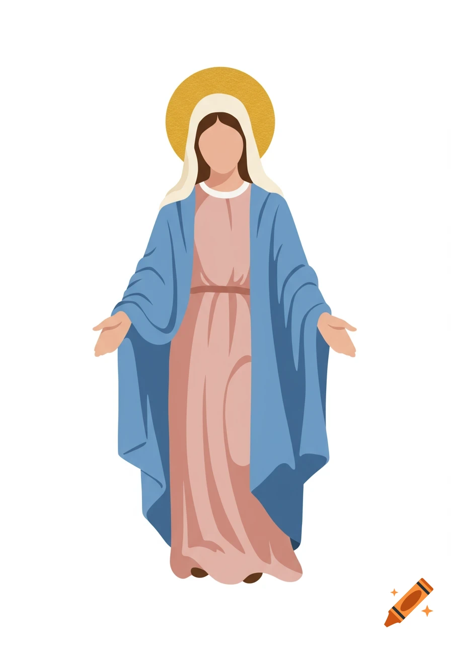 A minimalistic illustration of the Virgin Mary with a halo, wearing a blue cloak and pink dress, with outstretched hands.