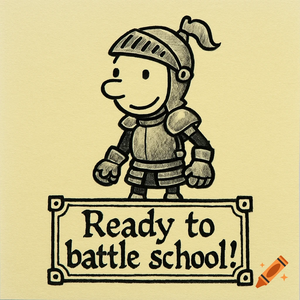 A cartoon knight character in the style of Diary of a Wimpy Kid stands above a banner that reads 'Ready to battle school!' on a yellow background.