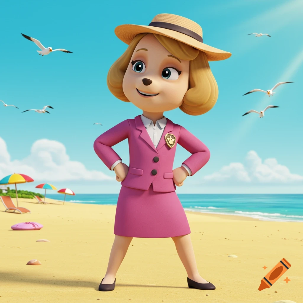 A smiling cartoon dog in a pink suit, white shirt, and straw hat stands with hands on hips on a sunny beach, with seagulls, umbrellas, and ocean in the background.