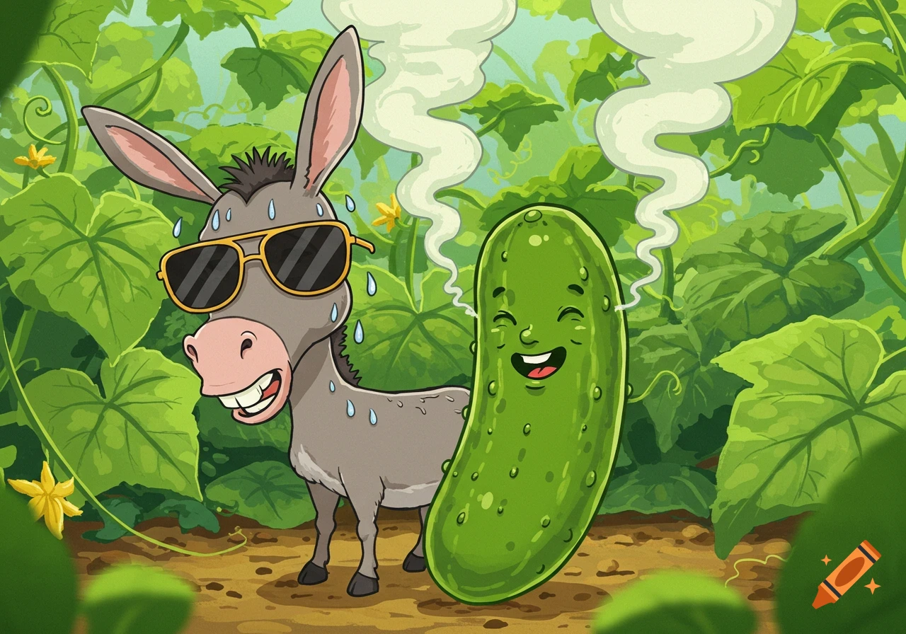 A sweating cartoon donkey wearing sunglasses stands next to a smiling, smoking pickle in a vibrant cucumber patch.
