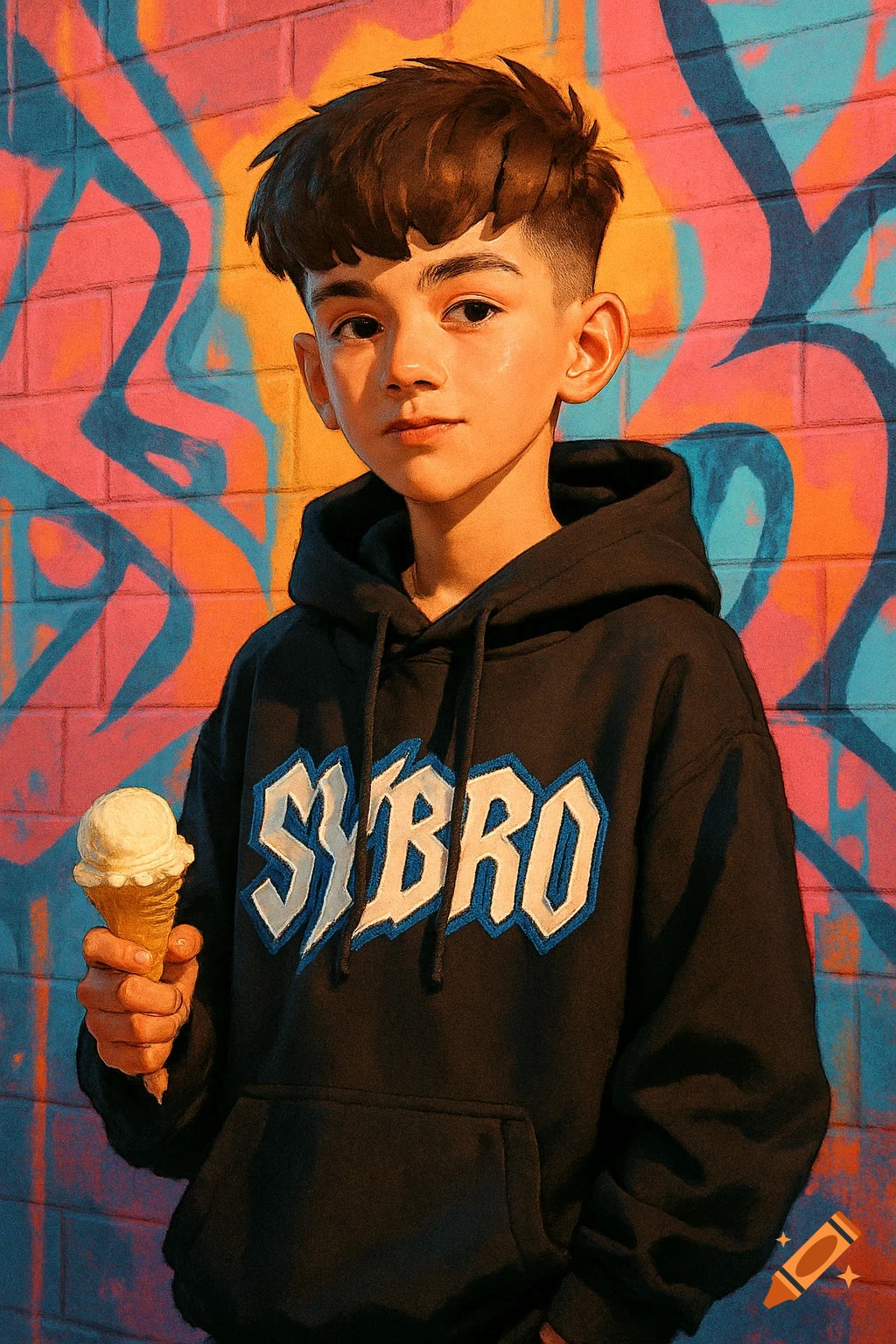 A young boy with brown hair in a black SYBRO hoodie holds an ice cream cone against a vibrant pink and blue graffiti wall. Photorealistic style.