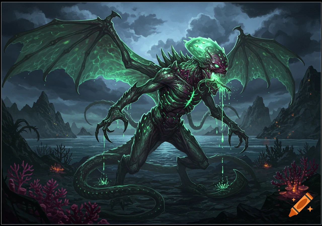 A menacing, winged, bioluminescent green alien creature with tentacles and sharp claws spits acid in a dark, cloudy archipelago setting.