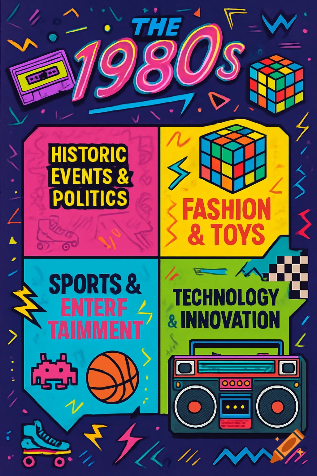 Colorful retro chart titled 'The 1980s' with quadrants for history, fashion, sports, and technology, featuring 80s icons like a boombox and Rubik's Cube.