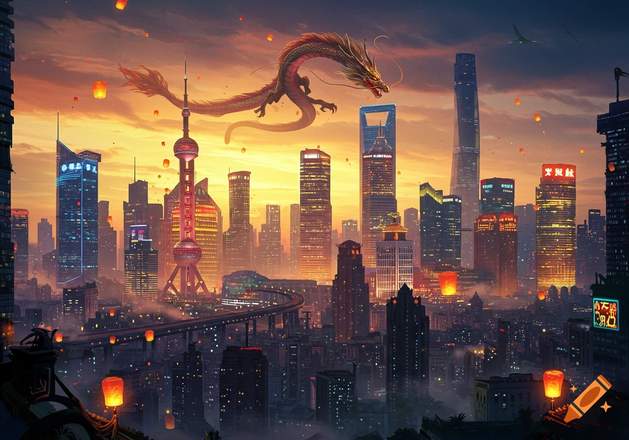 A majestic dragon soars over a vibrant, futuristic Shanghai cityscape at sunset, with numerous illuminated lanterns floating in the sky.