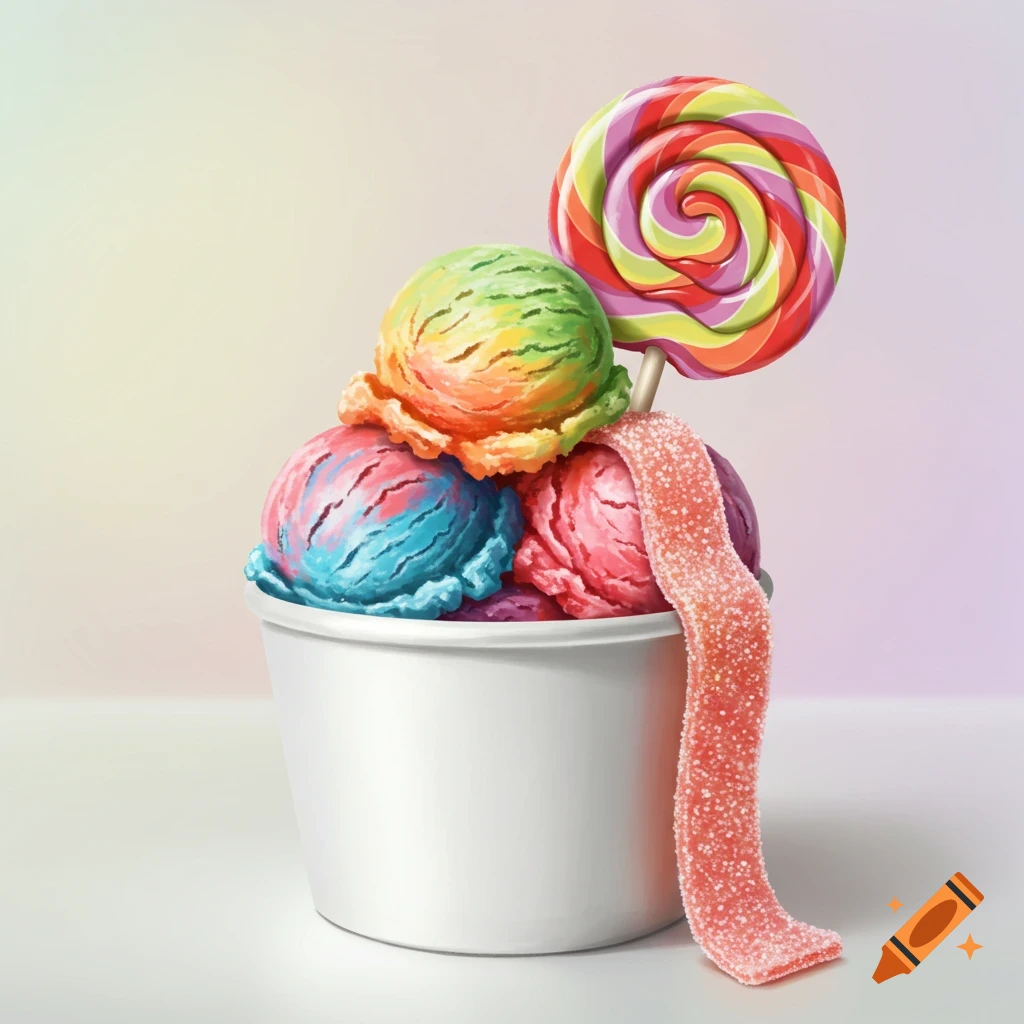 A white cup holds scoops of vibrant rainbow ice cream, topped with a colorful swirl lollipop and a sugar-dusted red sour strap.