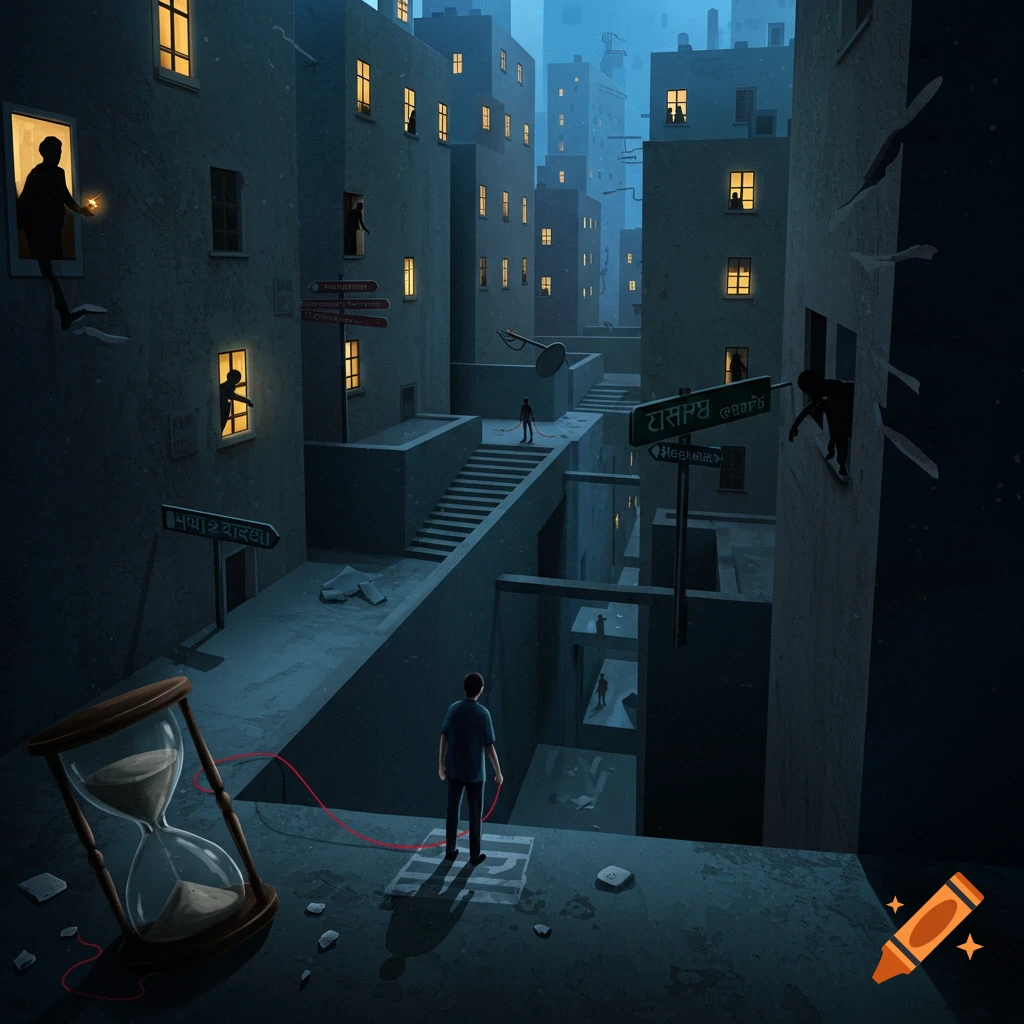 A person stands at a street intersection in a dark, surreal, labyrinthine city at dusk, with a broken hourglass and a red thread. Digital art.