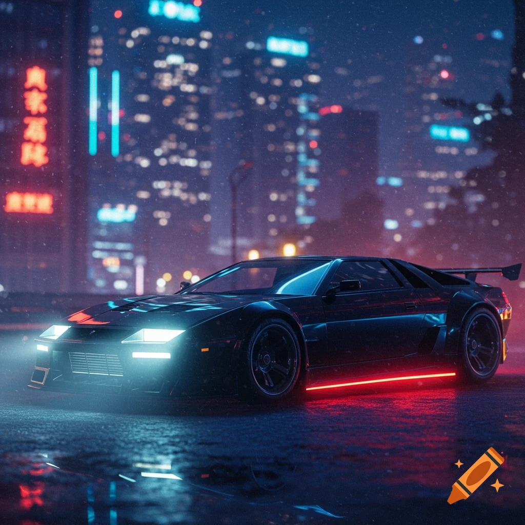 A sleek black futuristic car with neon lights parked on a wet street in a rainy cyberpunk city at night.