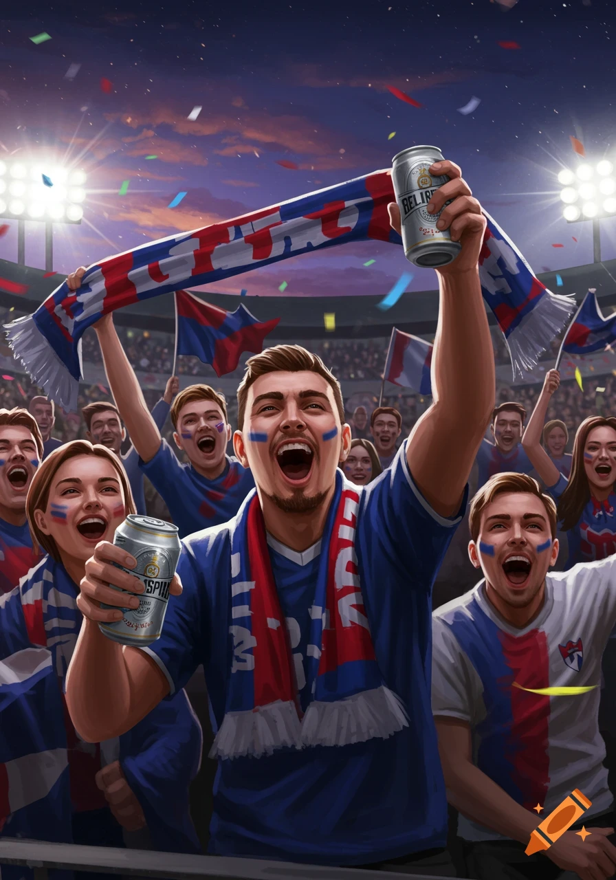 Enthusiastic sports fans cheer in a stadium, holding up a team scarf and cans, with confetti falling and bright lights.