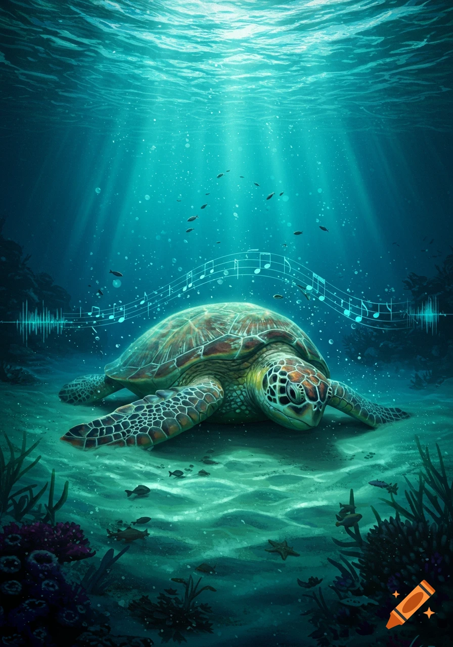 A stylized underwater scene shows a large sea turtle resting on the sandy ocean floor with coral and small fish, as sunbeams and musical notes stream down from above.