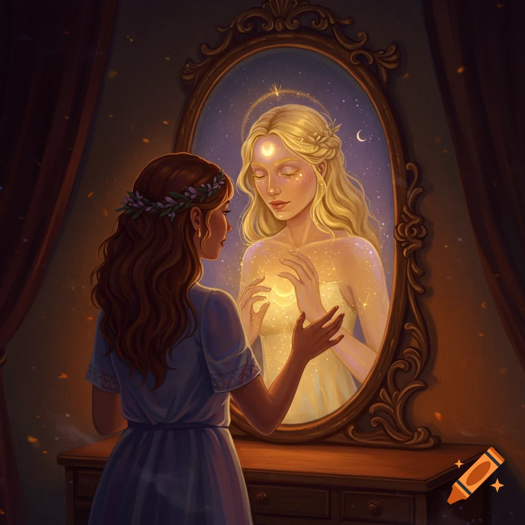 A woman with brown hair and a wreath looks into a mirror, seeing her reflection as a glowing, ethereal blonde figure with celestial markings, holding light.