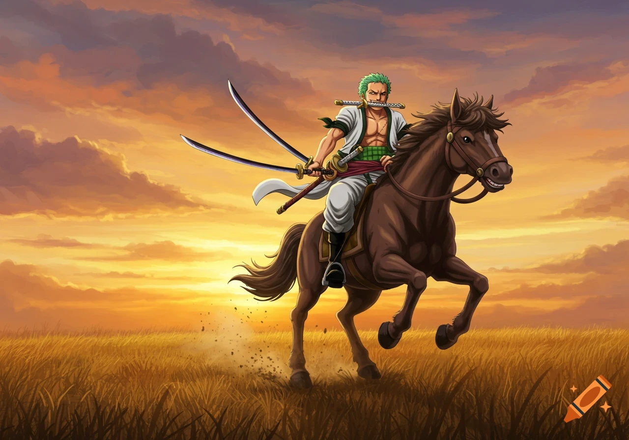 Anime illustration of Zoro from One Piece, with three katanas, riding a brown horse through a grassy field at sunset.