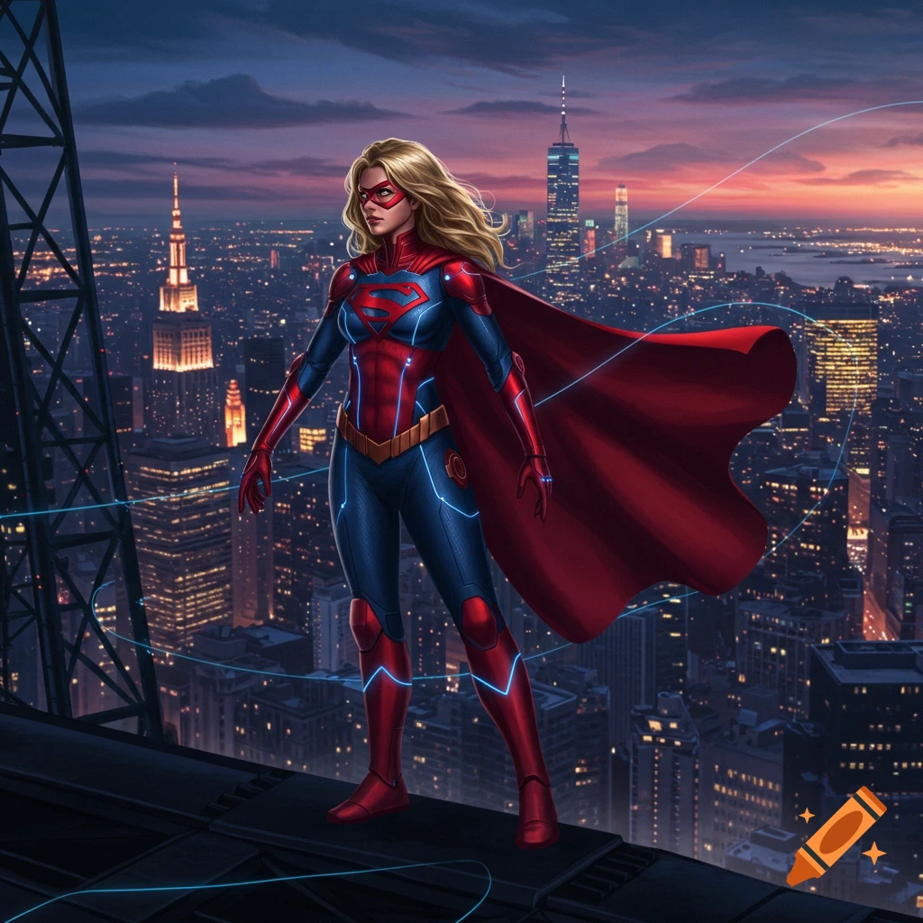 Blonde female superhero in a red and blue suit with an 'S' symbol, red cape, and mask stands on a rooftop overlooking a city at dusk, comic book style.