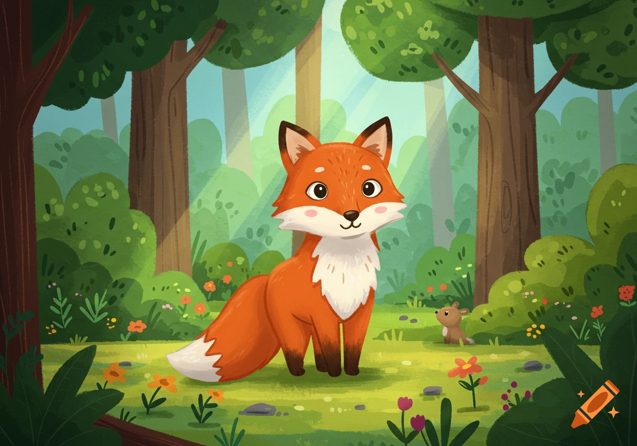 A cute cartoon fox with orange fur and white markings stands in a vibrant green forest, with a small mouse in the background.