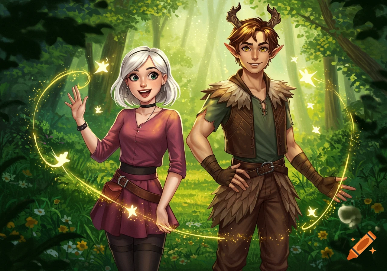 Illustrated fantasy characters: a white-haired woman and a horned elven man stand in a magical, sun-dappled forest with glowing fairy lights.