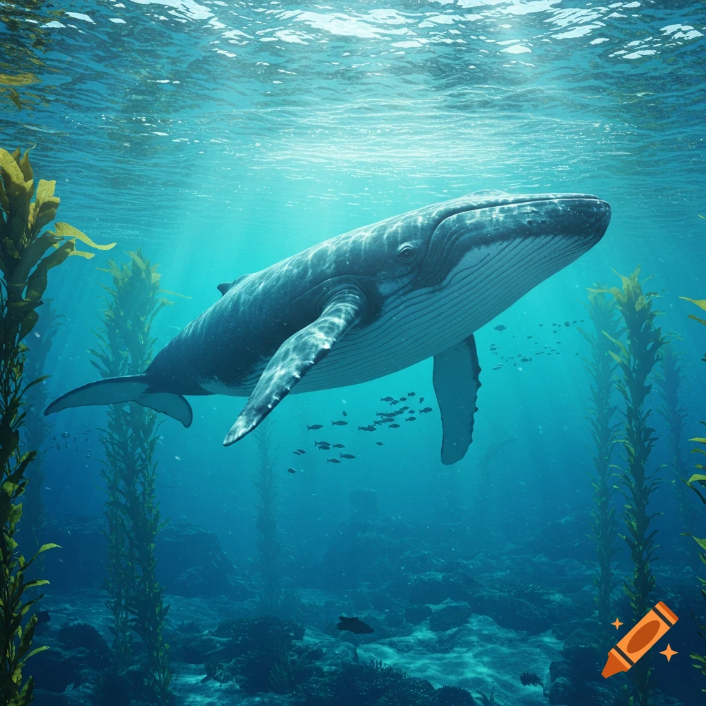 A large whale swims gracefully underwater amidst tall kelp forests, with sunlight filtering from the surface.