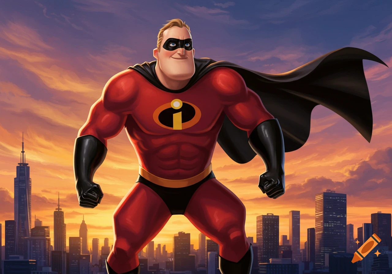 Mr. Incredible stands heroically against a sunset cityscape.