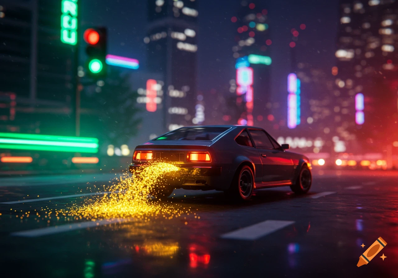 A dark car drives on a wet city street at night, emitting golden sparks, with neon-lit skyscrapers and traffic lights.