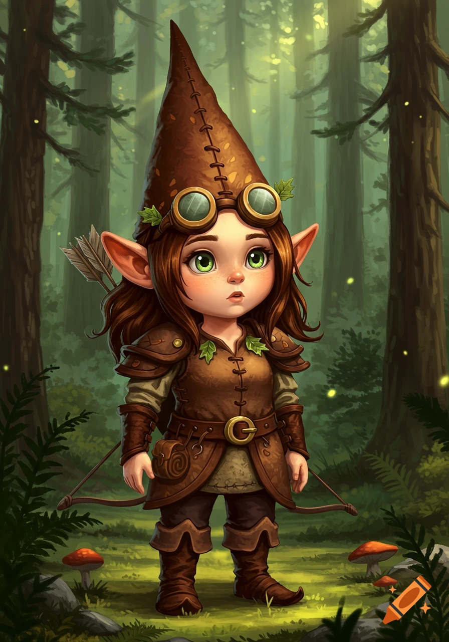 A cute female forest gnome ranger with brown hair, goggles, a pointy hat, and a bow and quiver stands in a magical forest.