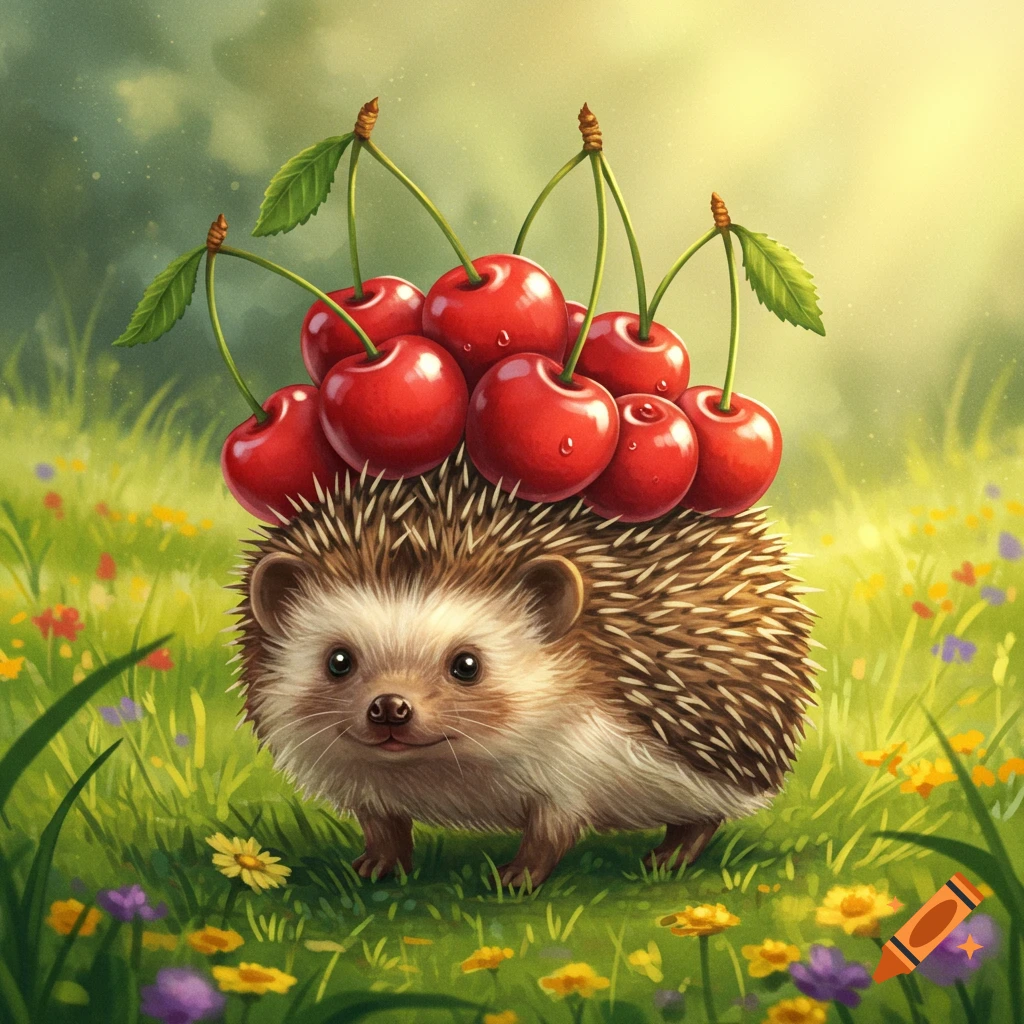 A cute hedgehog with bright red cherries on its back stands in a vibrant green field with colorful wildflowers.