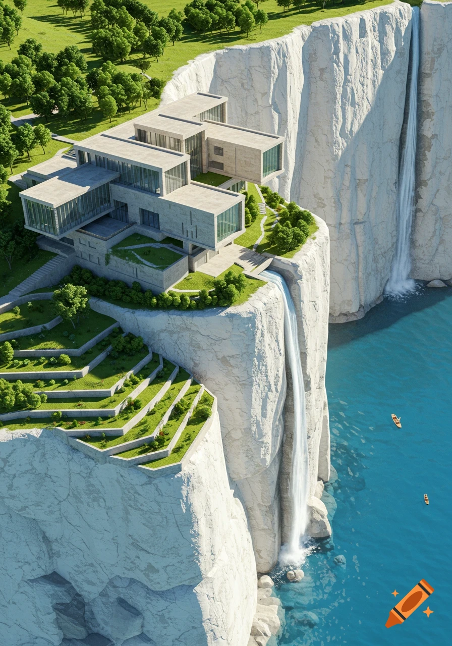 Aerial view of a modern brutalist building with terraced gardens on a white cliff, with two waterfalls flowing into turquoise water with boats.