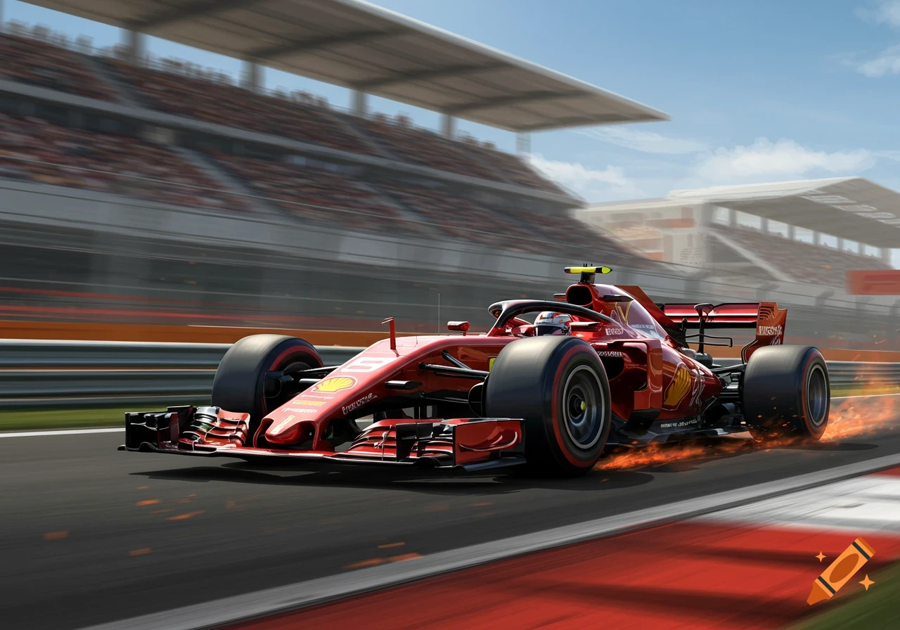 A red Formula 1 car races on a track, with spectators in the background. Photorealistic style.