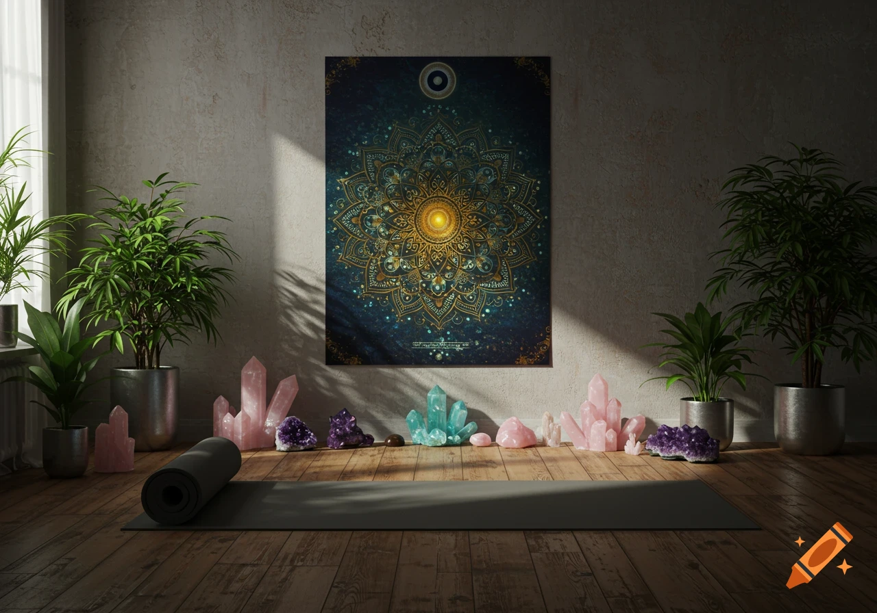 Photorealistic meditation space with a mandala poster, potted plants, colorful crystals, and a yoga mat on a wooden floor.