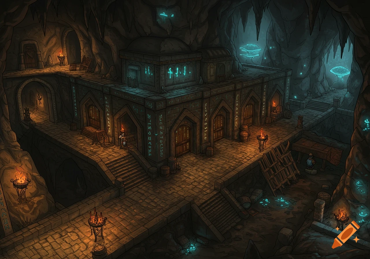 Detailed fantasy battle map of an underground dwarven city with ancient architecture, glowing mushrooms, and torches.