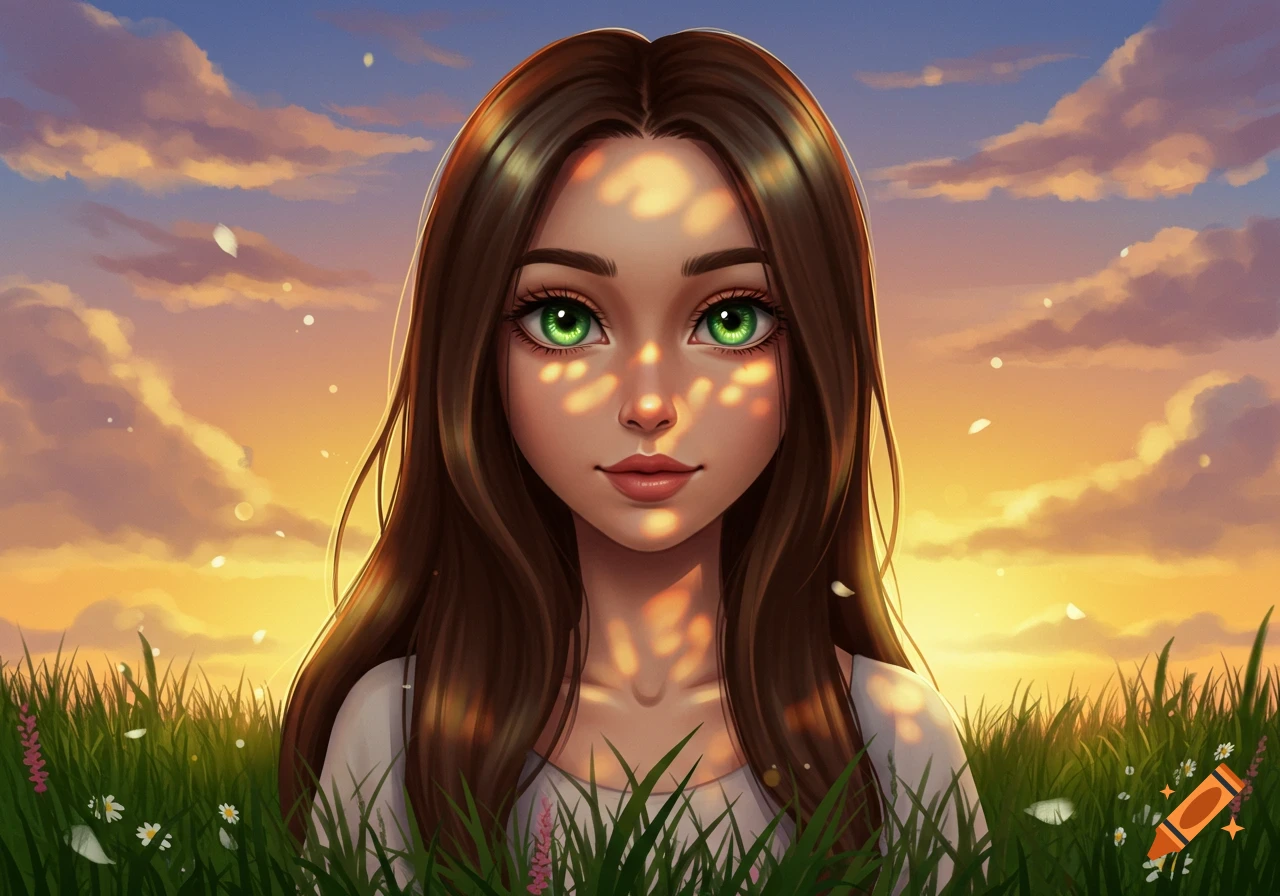 A stylized portrait of a young woman with long brown hair and bright green eyes, in a field of green grass under a golden sunset sky.