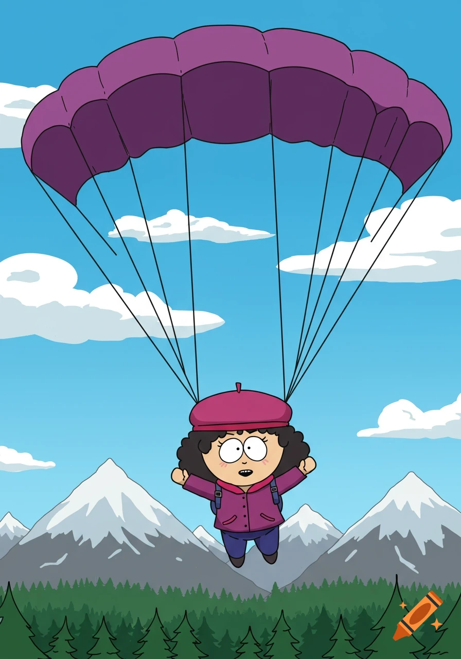 Animated girl resembling Wendy Testaburger skydiving with a purple parachute over snowy mountains and a forest.