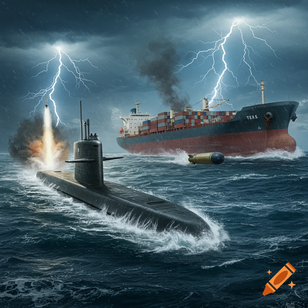 A photorealistic image of a submarine launching a missile in stormy seas with lightning, a torpedo moving towards a cargo ship.