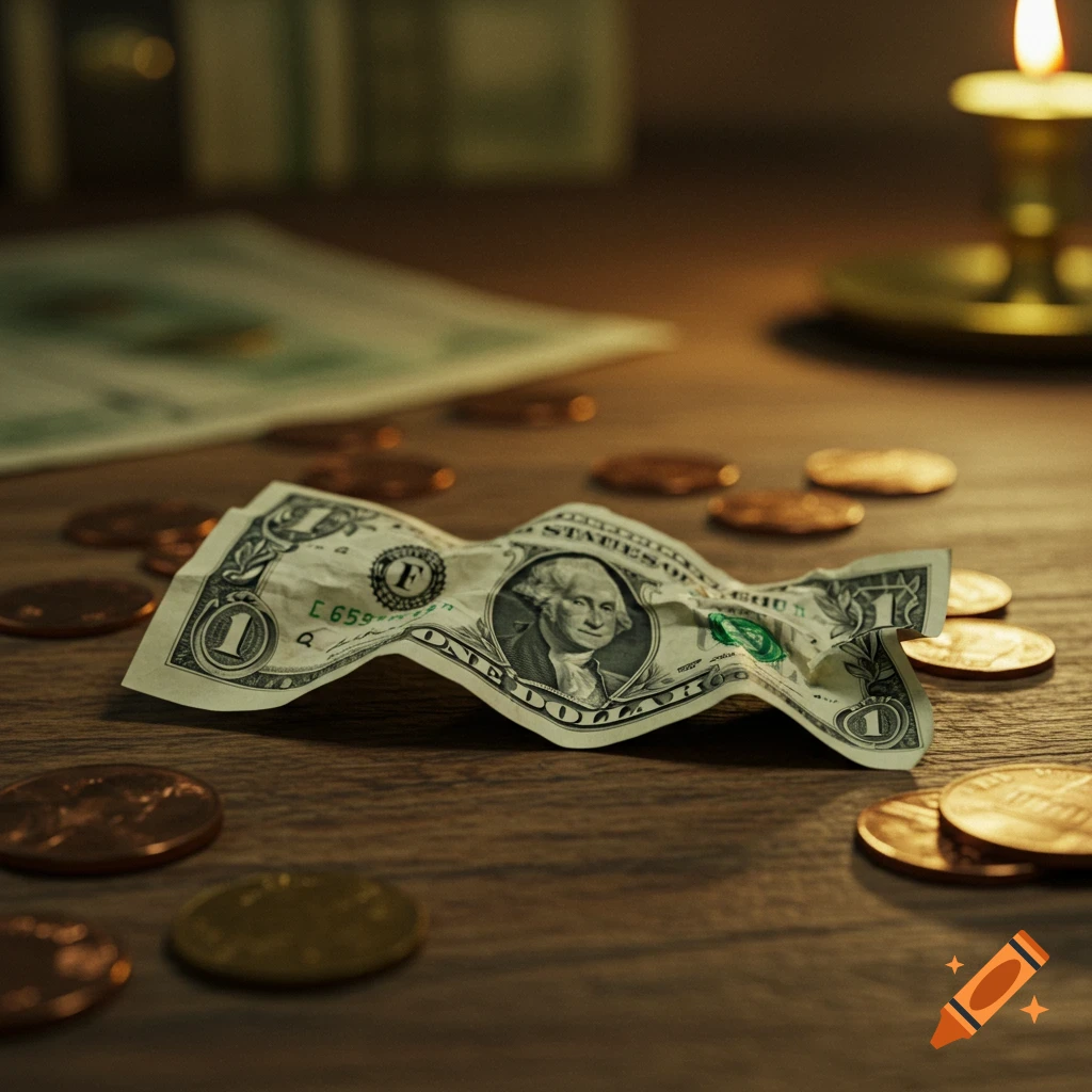 A crumpled US dollar bill lies on a wooden table, surrounded by scattered pennies, in a dim light from a candle in the background.