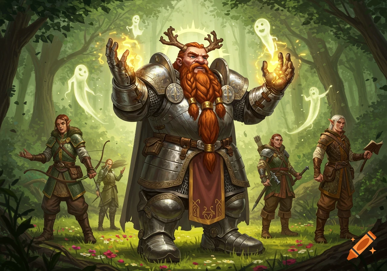A heavily armored dwarf cleric with a braided red beard and antlers raises glowing hands in a forest, surrounded by elves and floating white ghosts.