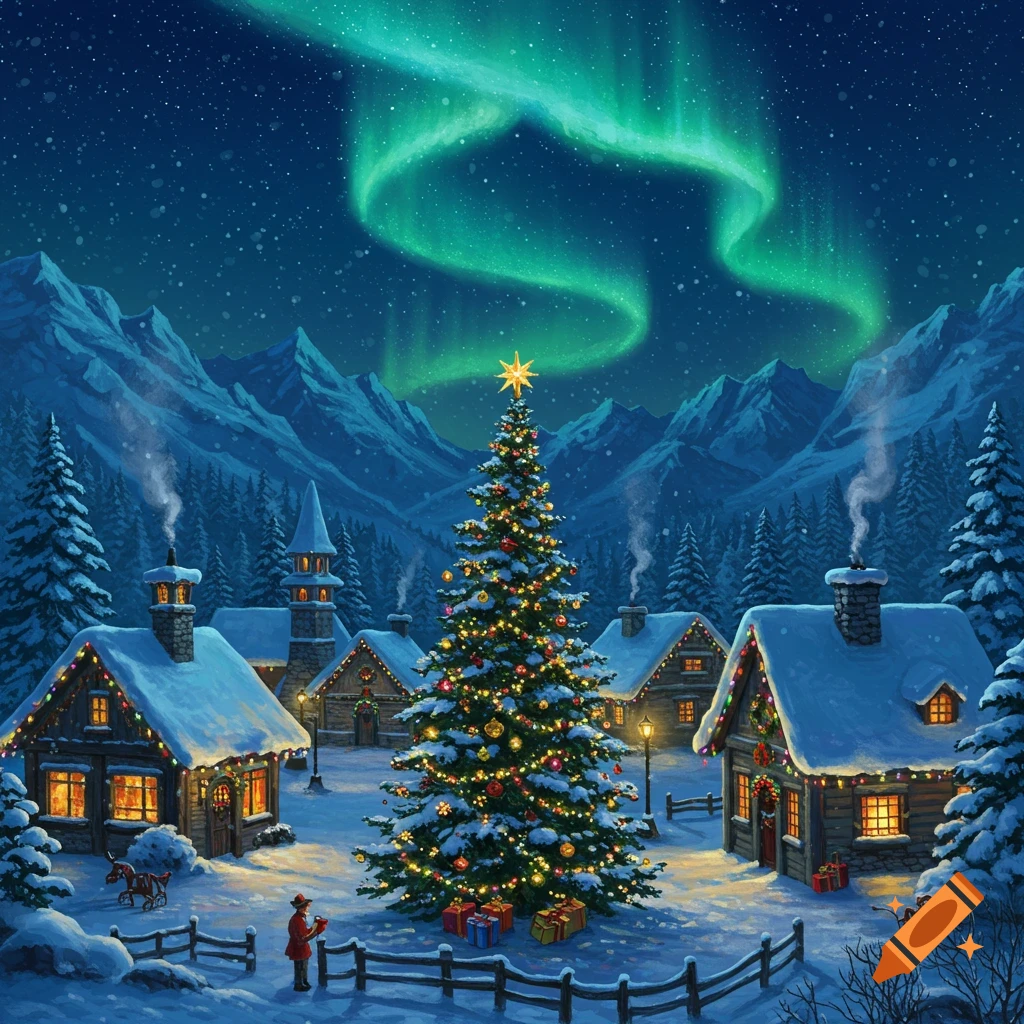 A snowy Christmas village at night under aurora borealis. A large decorated Christmas tree stands centrally among cozy, lit cabins.
