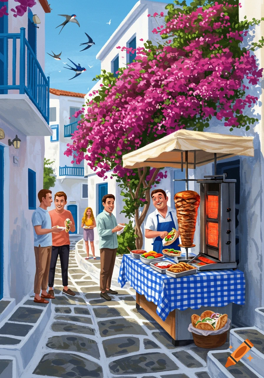 Vibrant illustration of a bustling Greek street with a gyro vendor serving customers amidst white buildings and pink bougainvillea.