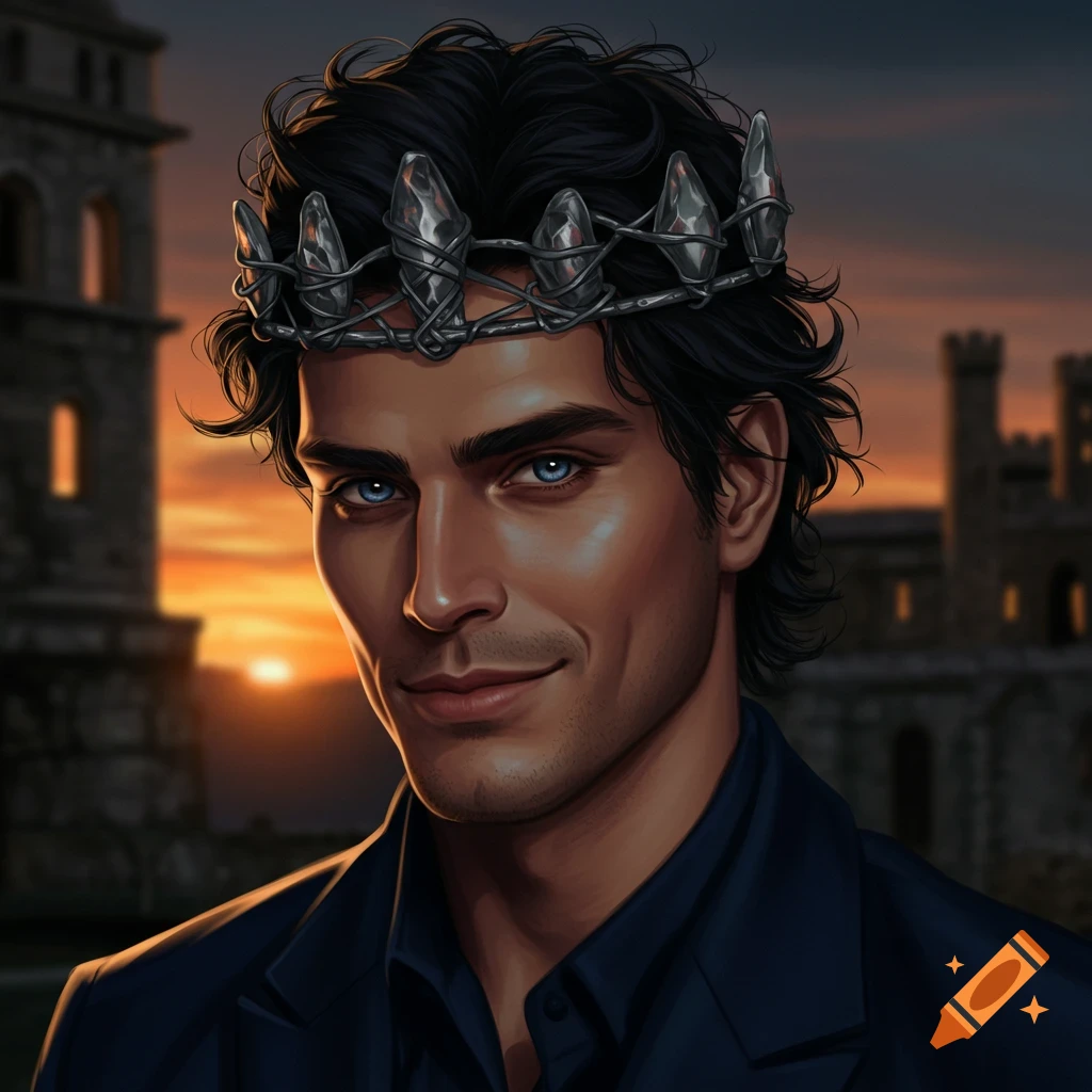 A man with dark messy hair and blue eyes, wearing a spiky crown, smiles faintly against a sunset castle backdrop.