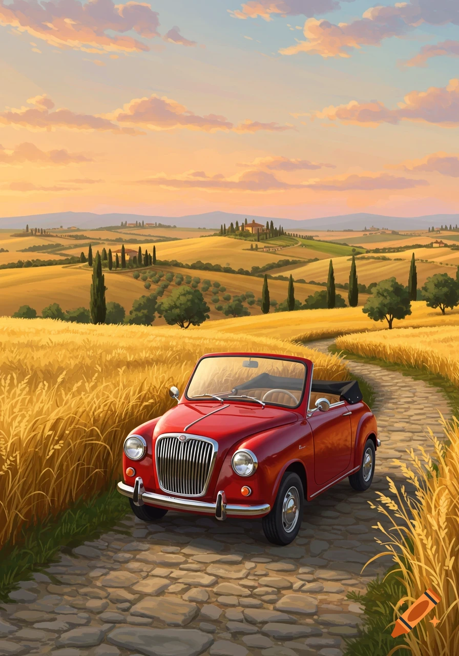 A red convertible drives on a cobblestone path through golden fields and cypress trees in a sunny Tuscan landscape.