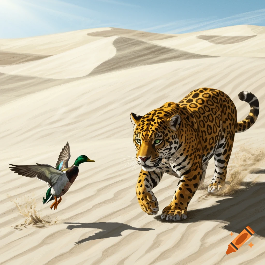 A powerful jaguar stalks a duck across vast sand dunes under a clear sky.