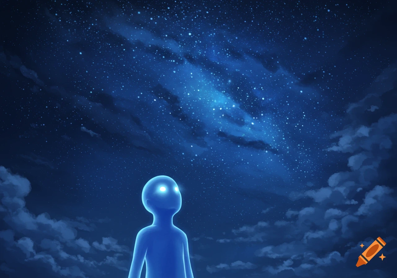 A blue, ethereal silhouette with glowing white eyes gazes up at a star-filled night sky with clouds.