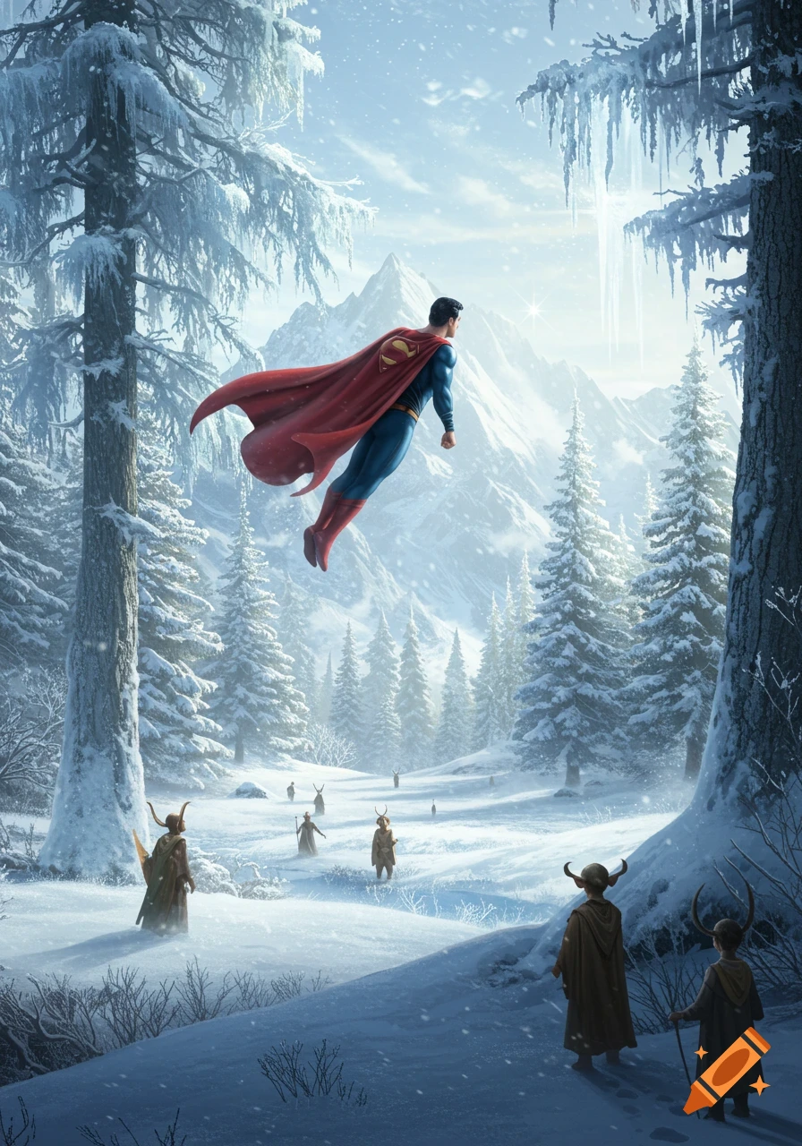 Superman flies over a snowy mountain landscape, past frost-covered pine trees and figures resembling fauns on the ground.