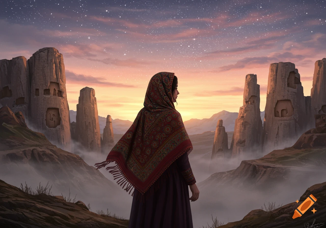A woman in a red patterned headscarf and purple dress looks out at a vast mountainous landscape with ancient carved rock formations under a starry sunset sky.