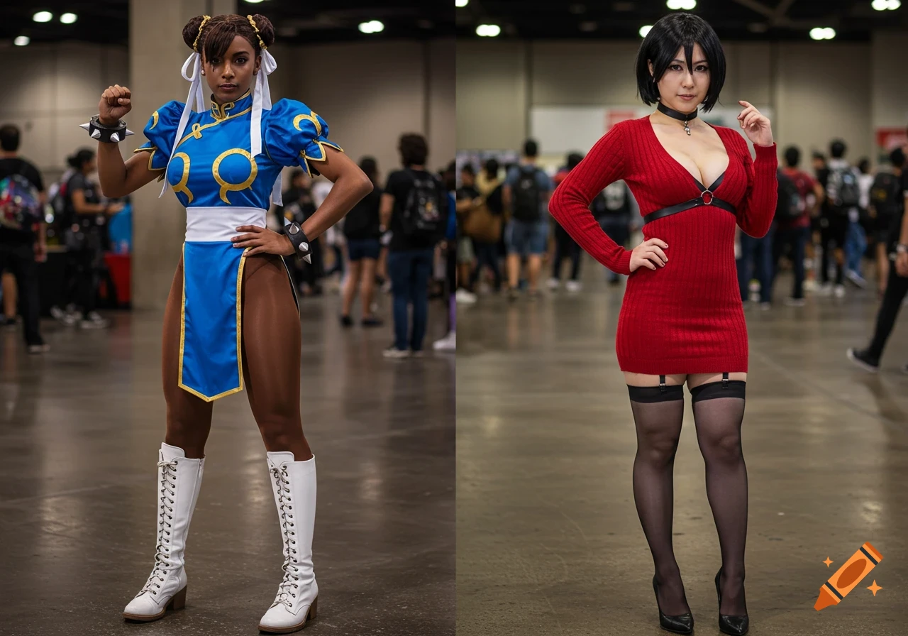 Two women cosplay as Chun Li in a blue qipao and Ada Wong in a red dress with garter stockings, posing in a convention hall.